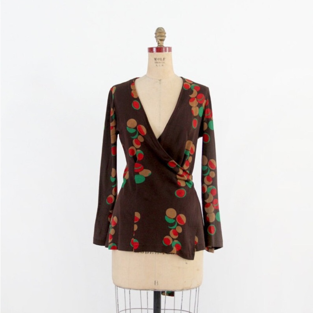 Vintage Diane Von Furstenberg Brown Wrap Top with Colorful Dots